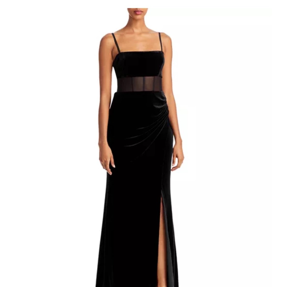BCBGMAXAZRIA sheer waist velvet evening gown